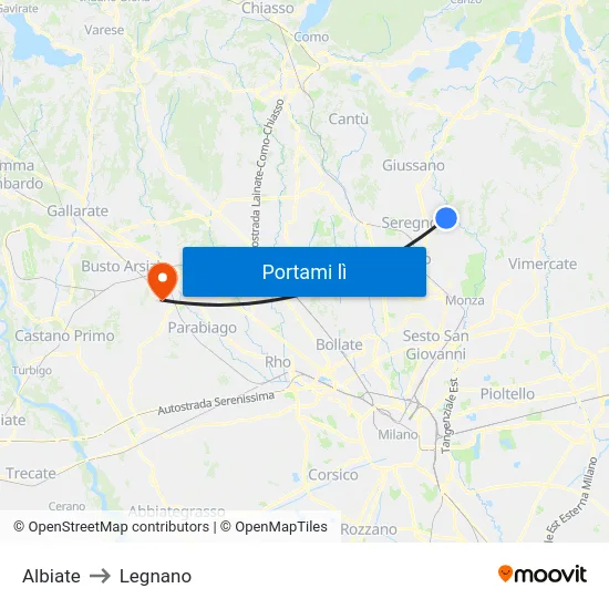 Albiate to Legnano map