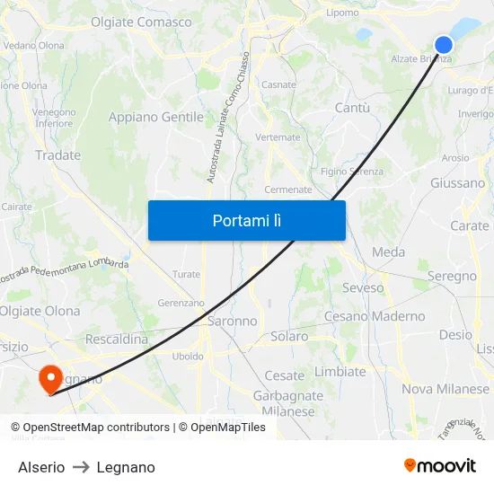 Alserio to Legnano map