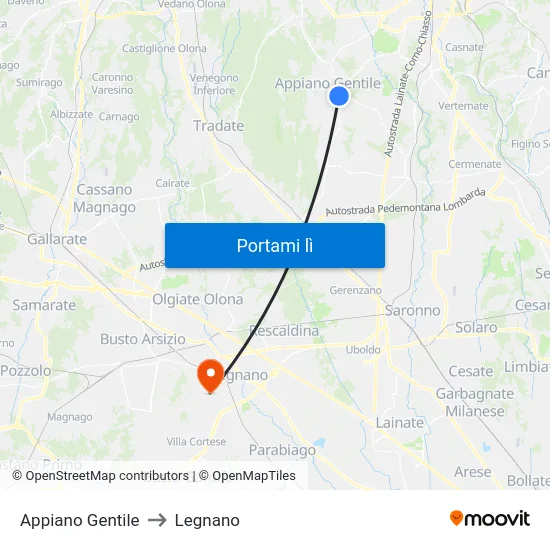 Appiano Gentile to Legnano map