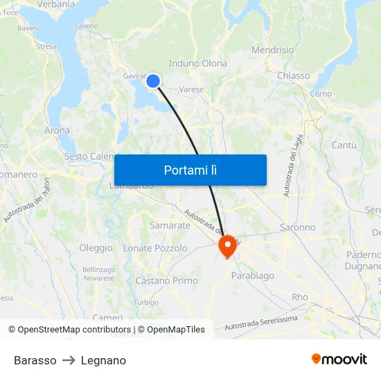 Barasso to Legnano map