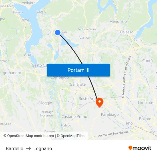 Bardello to Legnano map