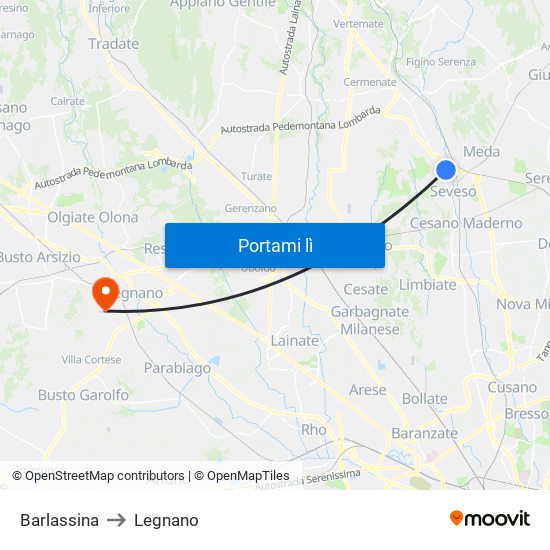 Barlassina to Legnano map