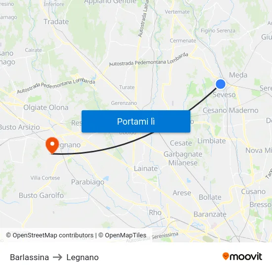 Barlassina to Legnano map
