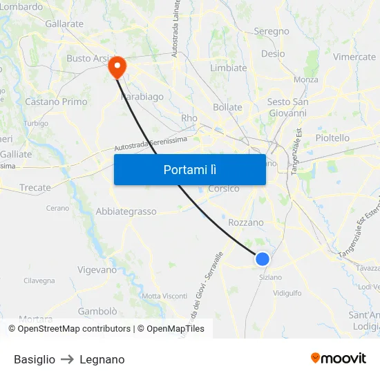 Basiglio to Legnano map