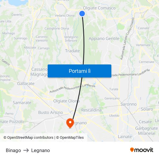 Binago to Legnano map