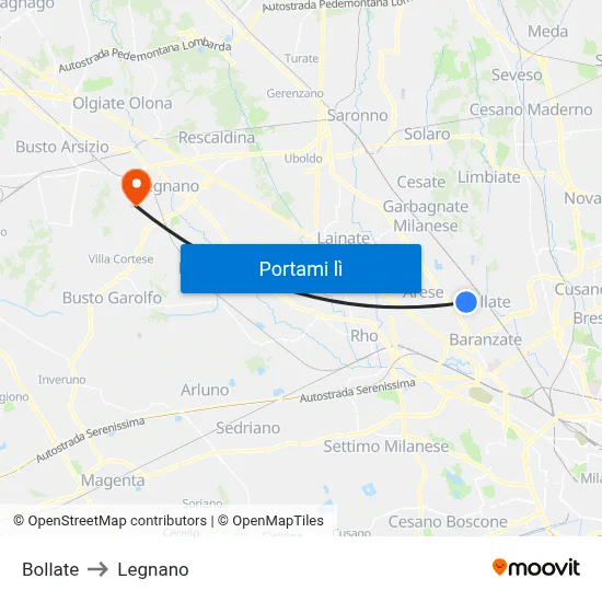 Bollate to Legnano map