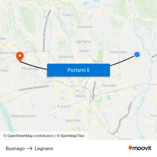 Busnago to Legnano map