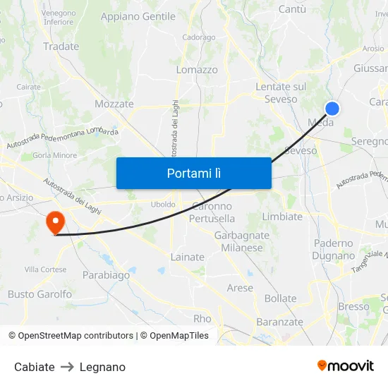 Cabiate to Legnano map