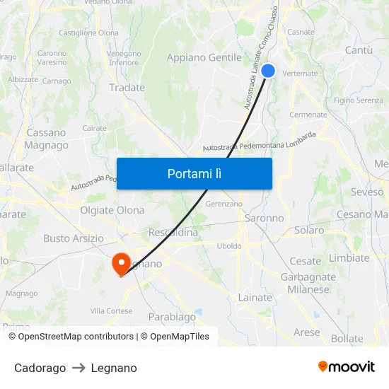 Cadorago to Legnano map