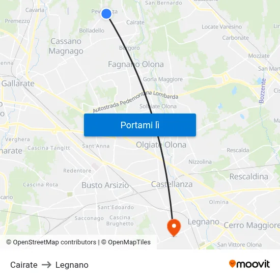 Cairate to Legnano map
