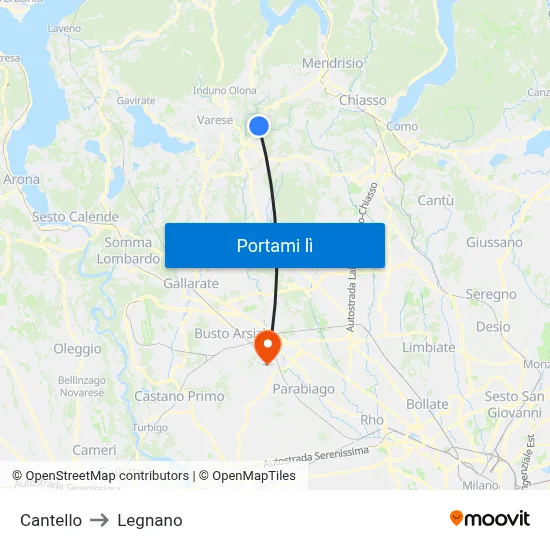 Cantello to Legnano map