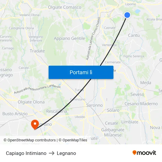Capiago Intimiano to Legnano map
