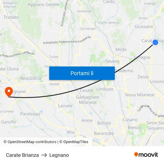 Carate Brianza to Legnano map