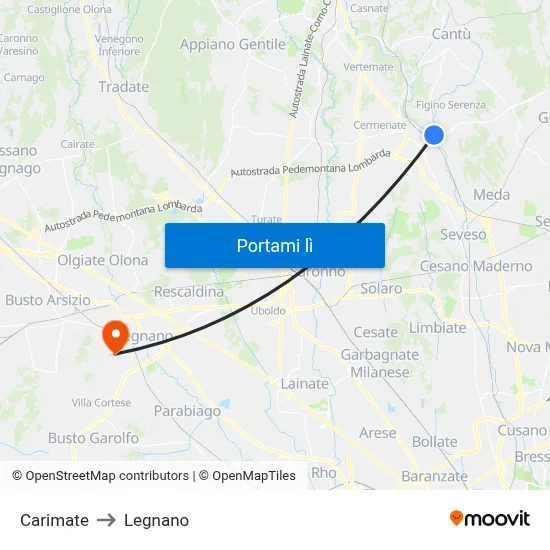 Carimate to Legnano map
