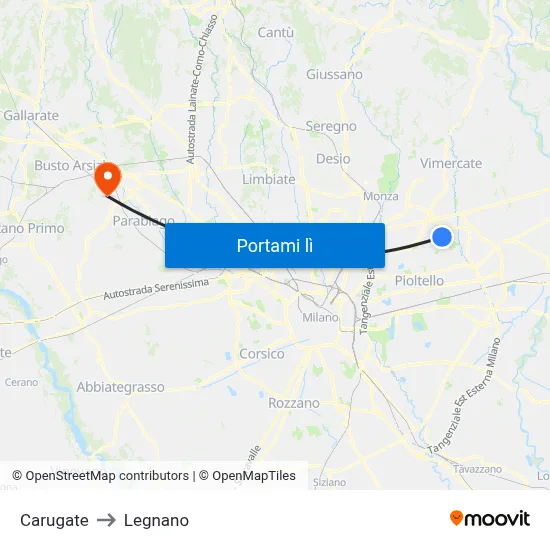 Carugate to Legnano map