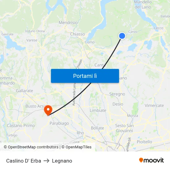 Caslino D' Erba to Legnano map