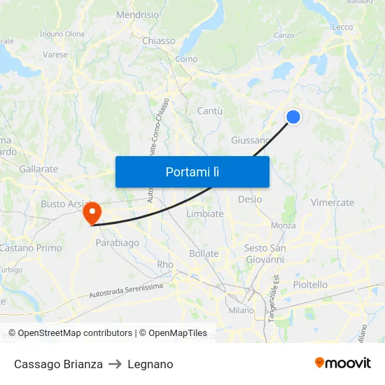 Cassago Brianza to Legnano map