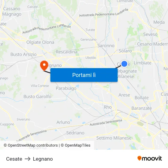 Cesate to Legnano map