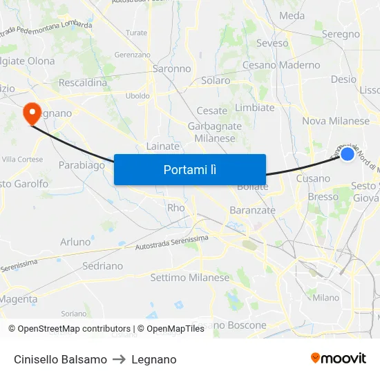 Cinisello Balsamo to Legnano map