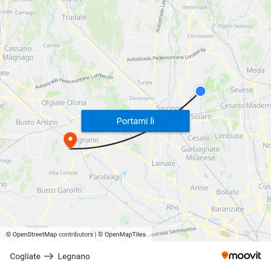 Cogliate to Legnano map