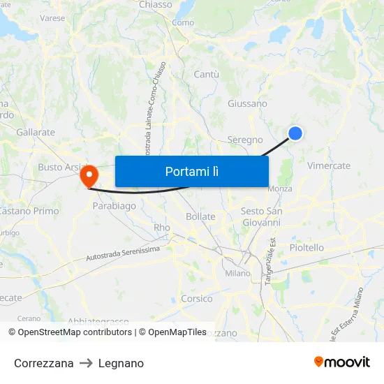 Correzzana to Legnano map