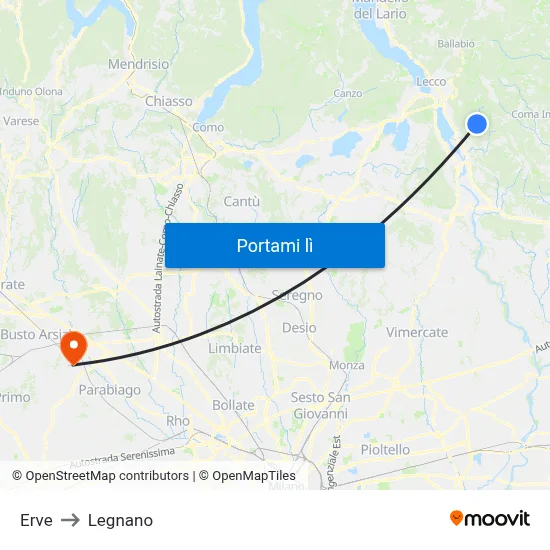 Erve to Legnano map