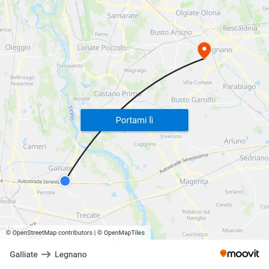 Galliate to Legnano map