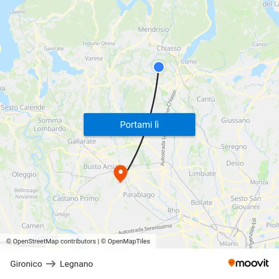 Gironico to Legnano map