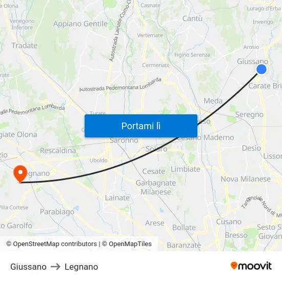 Giussano to Legnano map