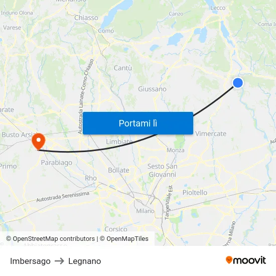 Imbersago to Legnano map