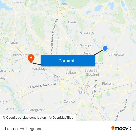 Lesmo to Legnano map