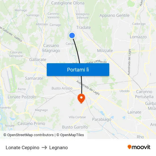 Lonate Ceppino to Legnano map