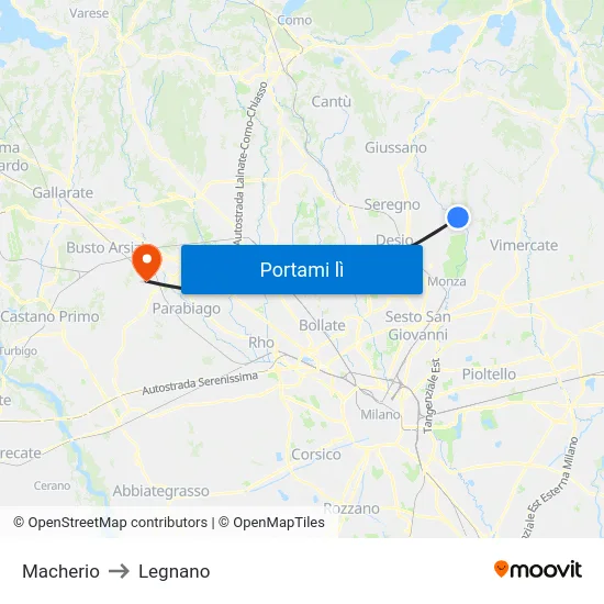 Macherio to Legnano map