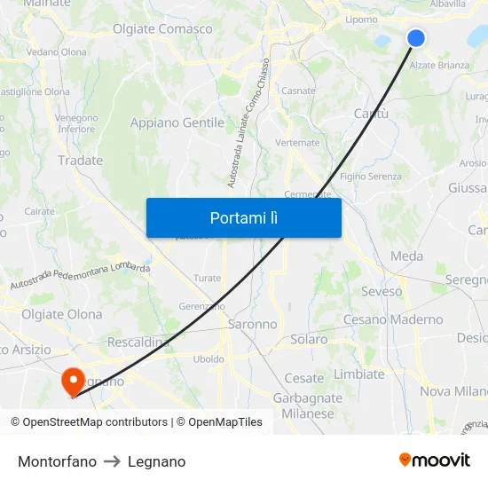 Montorfano to Legnano map