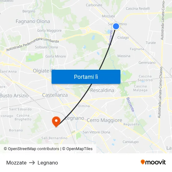 Mozzate to Legnano map