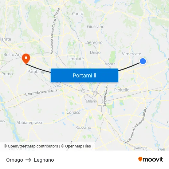 Ornago to Legnano map