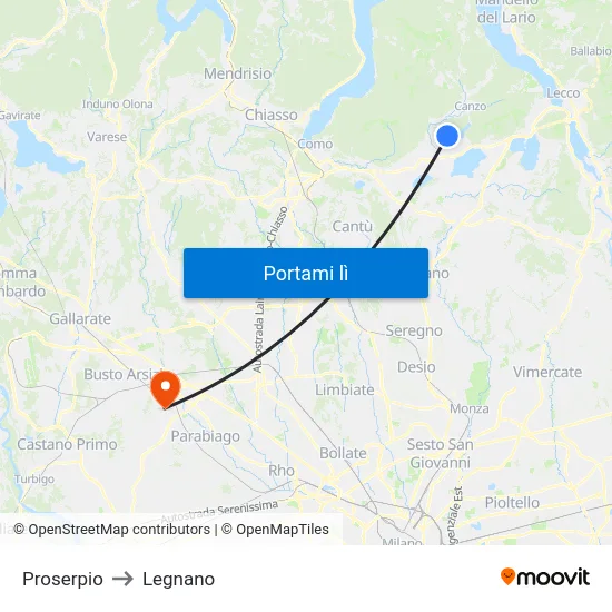 Proserpio to Legnano map