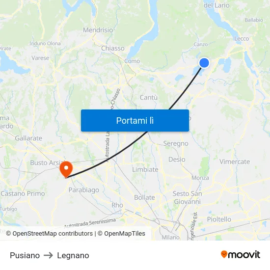 Pusiano to Legnano map