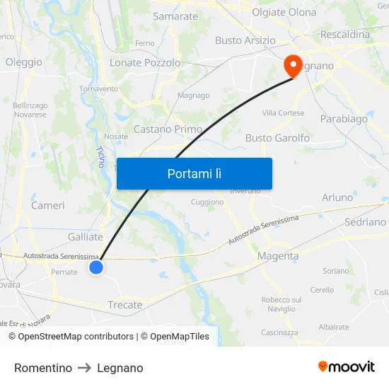 Romentino to Legnano map
