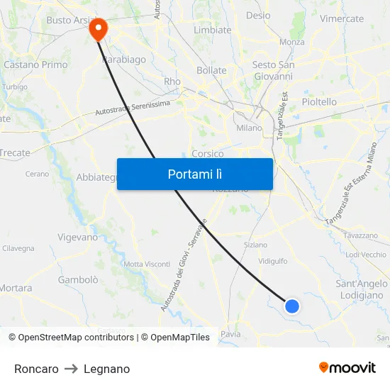 Roncaro to Legnano map