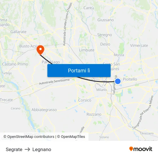 Segrate to Legnano map