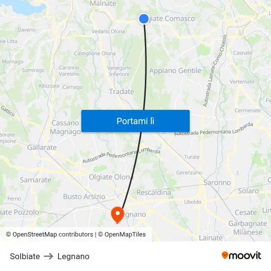 Solbiate to Legnano map