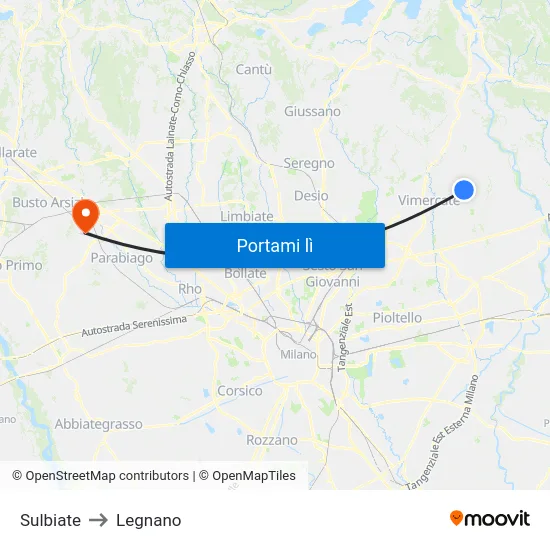 Sulbiate to Legnano map