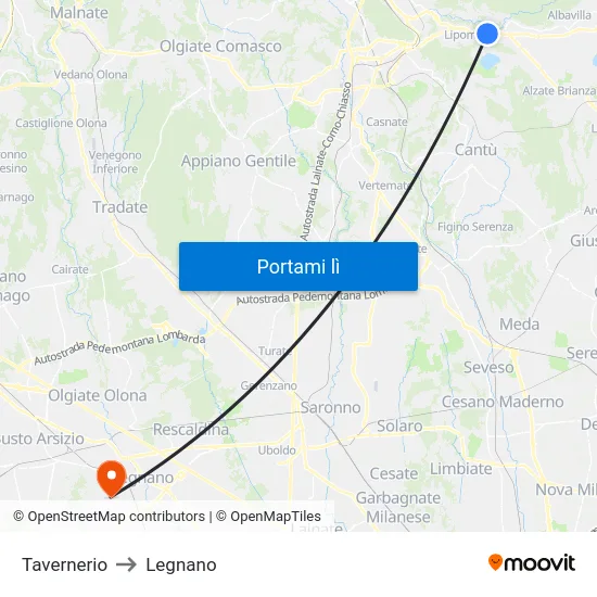 Tavernerio to Legnano map