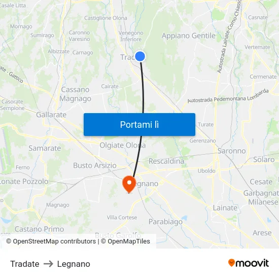 Tradate to Legnano map