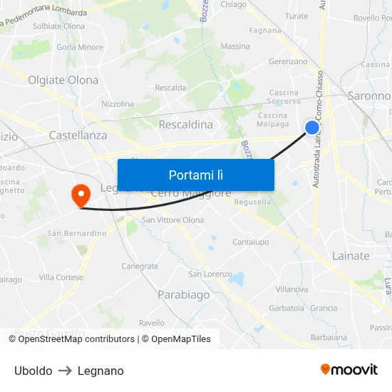 Uboldo to Legnano map