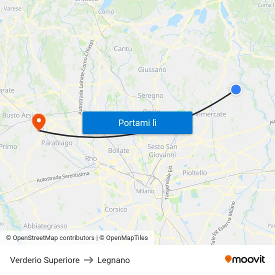 Verderio Superiore to Legnano map
