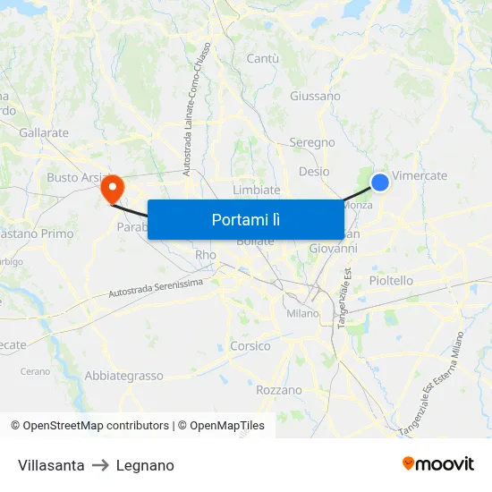 Villasanta to Legnano map