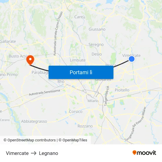 Vimercate to Legnano map