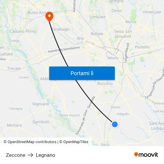 Zeccone to Legnano map